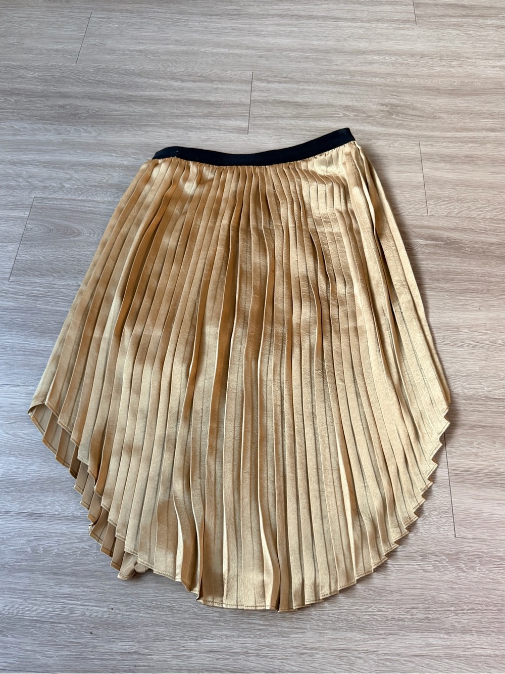 Metallic Gold Pleated Maxi Skirt with Black Waistband